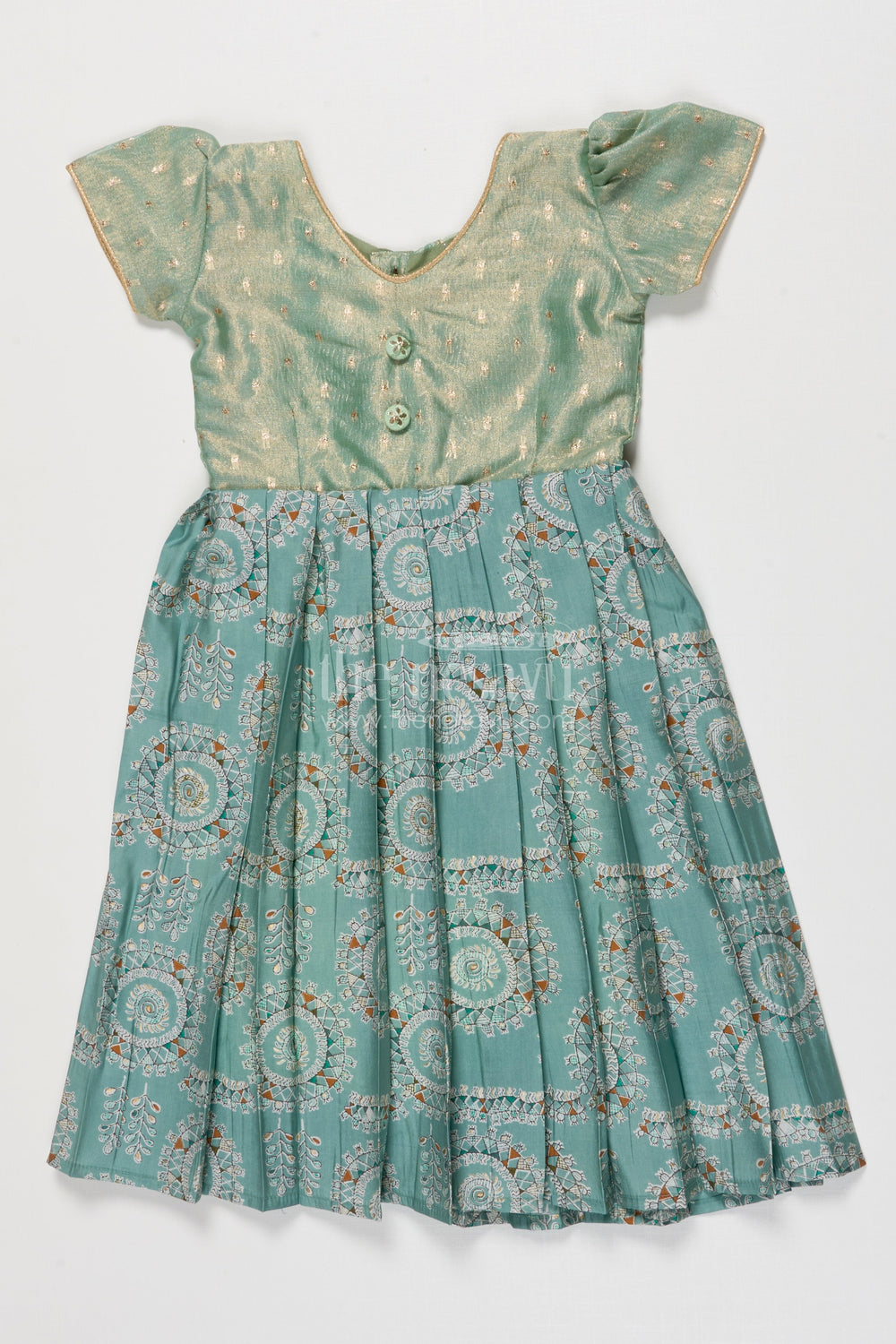 The Nesavu Girls Silk Gown Silk Gown for Girls for Temple Visits and Traditional Gatherings Nesavu 16 (1Y) / Green GA387A-16 Nesavu girls silk gown with tissue silk yoke and mandala prints for poojas and temple visits