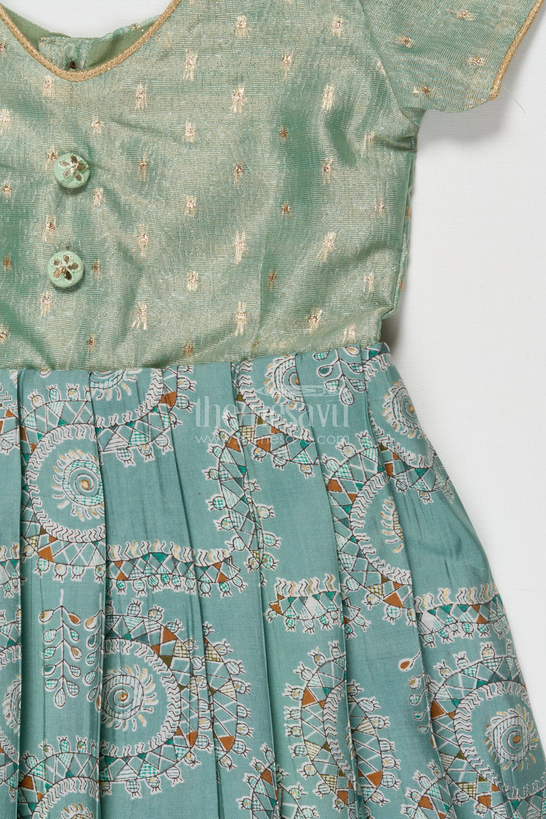 The Nesavu Girls Silk Gown Silk Gown for Girls for Temple Visits and Traditional Gatherings Nesavu Nesavu girls silk gown with tissue silk yoke and mandala prints for poojas and temple visits