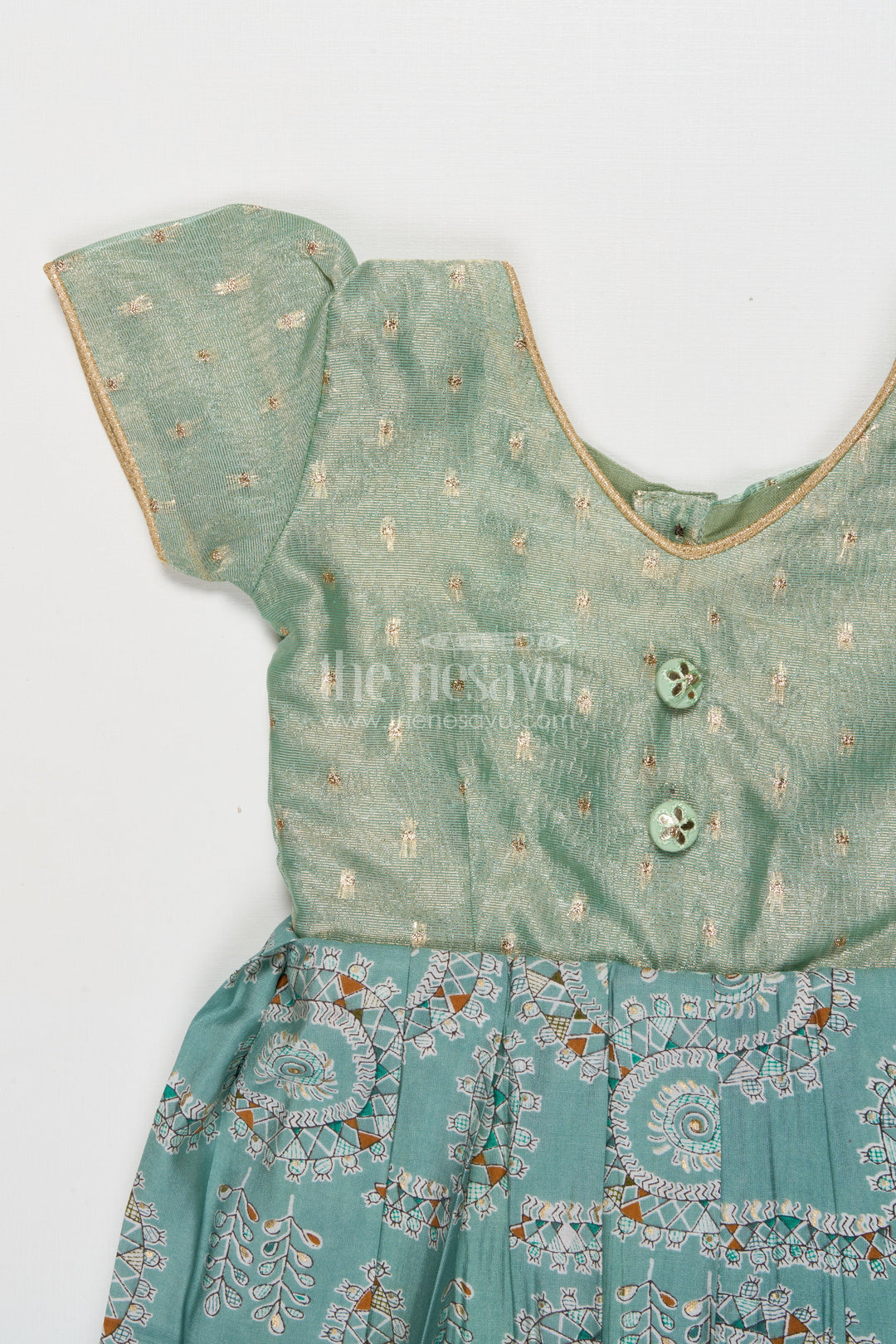 The Nesavu Girls Silk Gown Silk Gown for Girls for Temple Visits and Traditional Gatherings Nesavu Nesavu girls silk gown with tissue silk yoke and mandala prints for poojas and temple visits