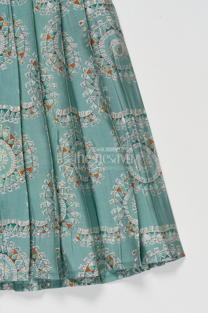 The Nesavu Girls Silk Gown Silk Gown for Girls for Temple Visits and Traditional Gatherings Nesavu Nesavu girls silk gown with tissue silk yoke and mandala prints for poojas and temple visits