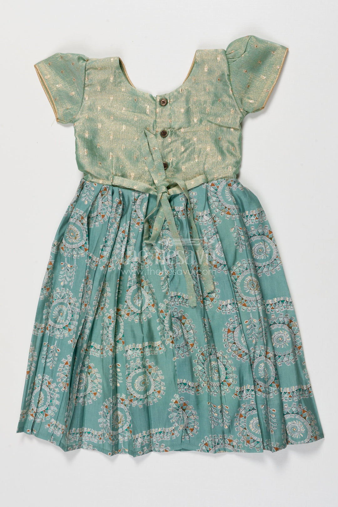 The Nesavu Girls Silk Gown Silk Gown for Girls for Temple Visits and Traditional Gatherings Nesavu Nesavu girls silk gown with tissue silk yoke and mandala prints for poojas and temple visits