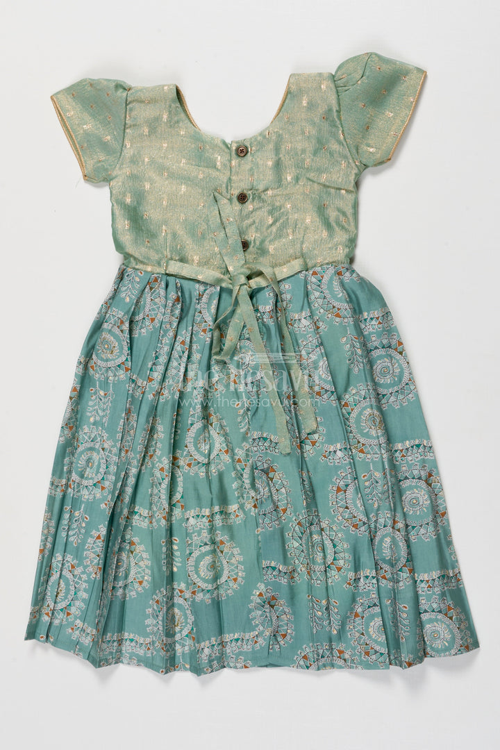 The Nesavu Girls Silk Gown Silk Gown for Girls for Temple Visits and Traditional Gatherings Nesavu Nesavu girls silk gown with tissue silk yoke and mandala prints for poojas and temple visits