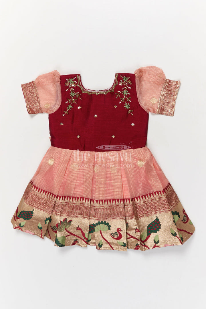 The Nesavu Silk Party Frock Silk Party Frock for Baby Girls for Birthday and Traditional Events Nesavu 16 (1Y) / Peach / Silk Blend SF1118A-16 Nesavu silk frock for baby girls with traditional woven pleats and floral embroidery