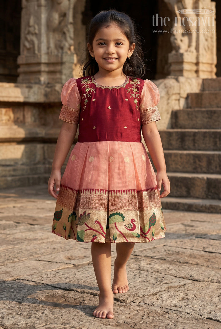 The Nesavu Silk Party Frock Silk Party Frock for Baby Girls for Birthday and Traditional Events Nesavu 16 (1Y) / Peach / Silk Blend SF1118A-16 Nesavu silk frock for baby girls with traditional woven pleats and floral embroidery