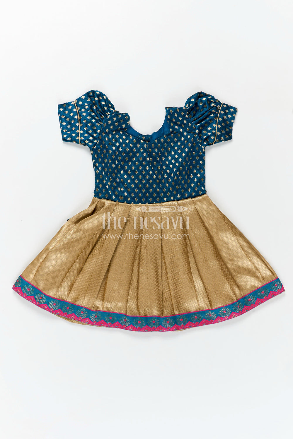 The Nesavu Silk Frock Silk Puff Dress for Girls with Navy Yoke and Gold Pleated Skirt Finished with Pink and Green Zari Border Nesavu 16 (1Y) / Blue SF1028B-16 Nesavu Silk Puff Dress Girls Butta Yoke Gold Pleated Skirt Zari Border