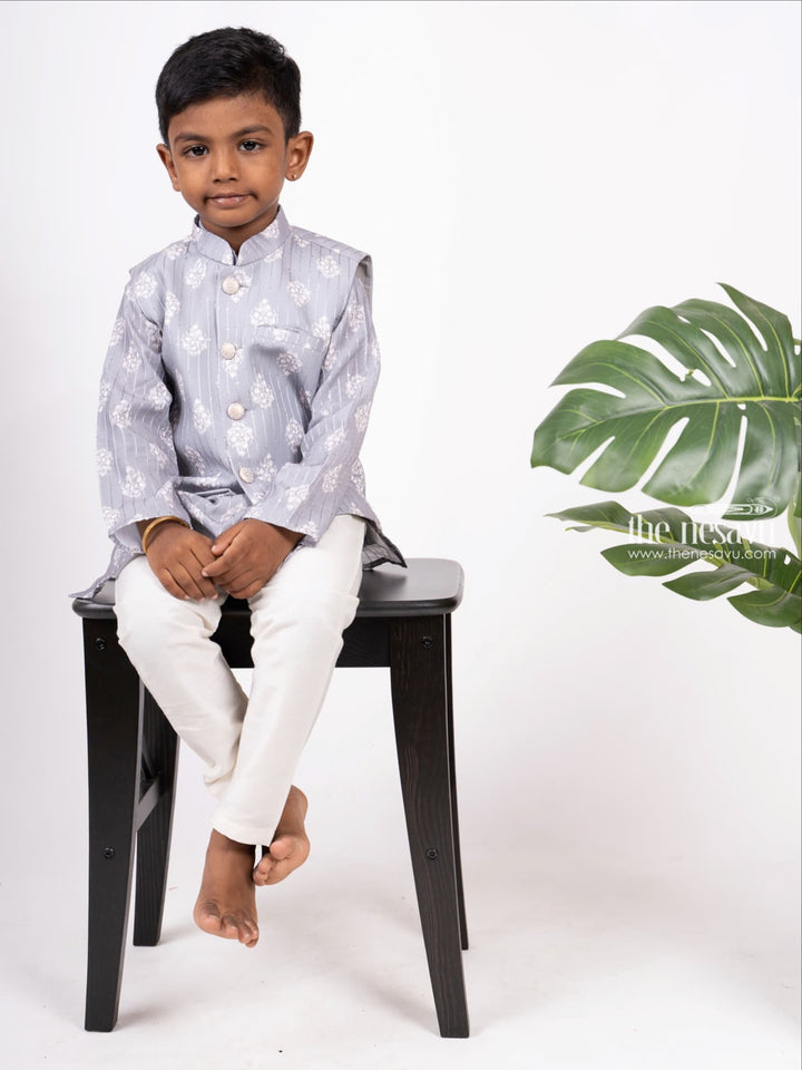 The Nesavu Boys Jacket Sets Silver Grey Printed Cotton Kurta Attached Overcoat Wear For Boys Nesavu 12 (3M) / Gray / Silk Blend BES113-12 Buy Designer Wear For Boys | Kurta Pant Pattern Ideas | The Nesavu