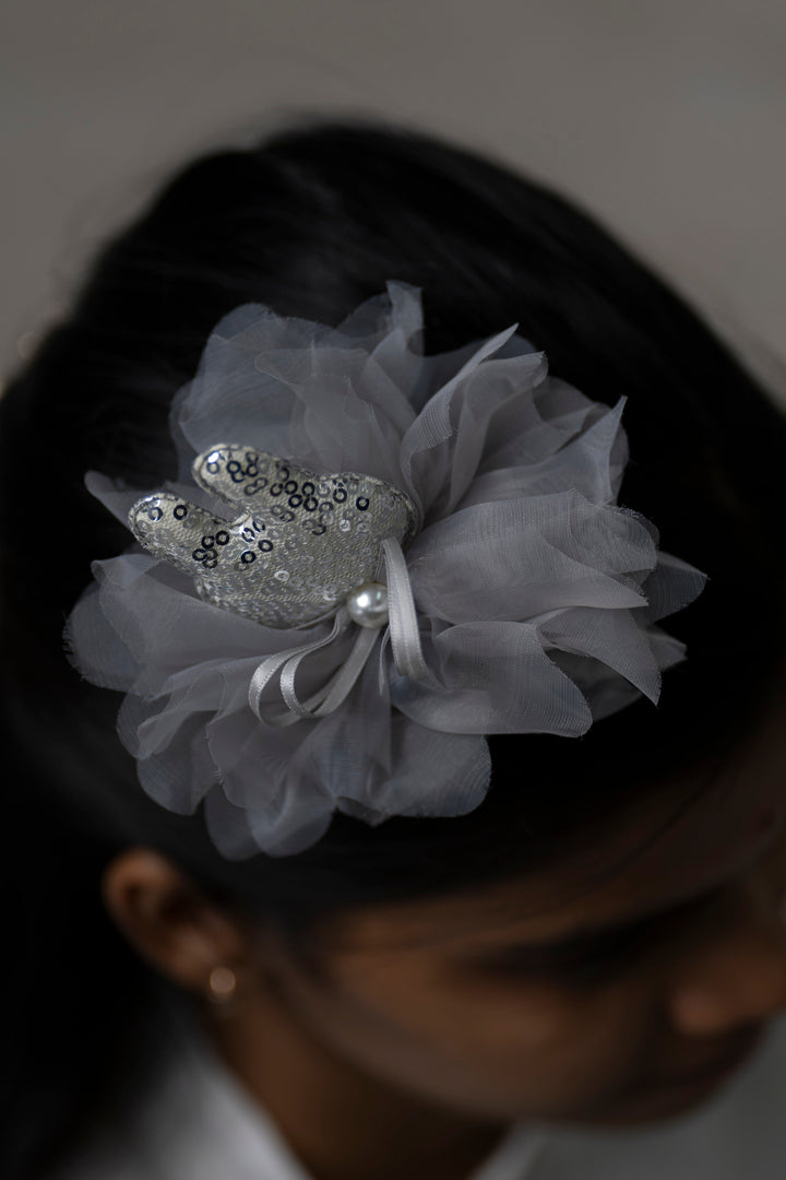 The Nesavu Hair Clip Silver Sequined Butterfly Hair Clip with Tulle Accents Nesavu Gray JHCL65B Sequined Silver Butterfly Clip with Tulle | Whimsical Hair Accessory for Girls | The Nesavu