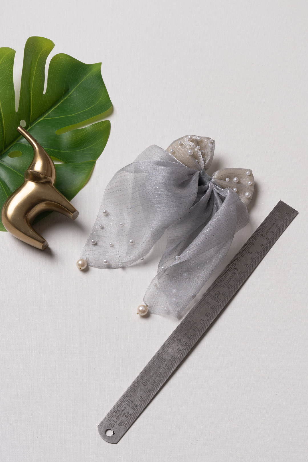 The Nesavu Scrunchies / Rubber Band Silver Sheer Sparkle Bow Hairband with Pearl Accents Nesavu Gray JHS26E Silver Pearl Bow Hairband | Sheer Elegance Accessory | The Nesavu