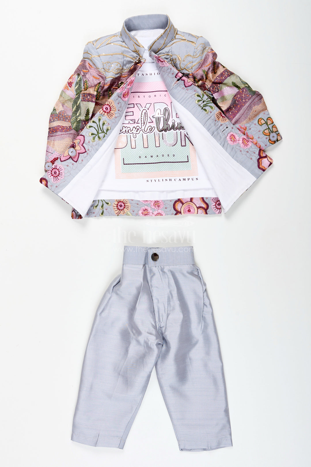 The Nesavu Boys Jacket Sets Silver silk boys jacket set with multicolor thread embroidery Nesavu Nesavu silver blend silk boys jacket set with multicolor embroidery