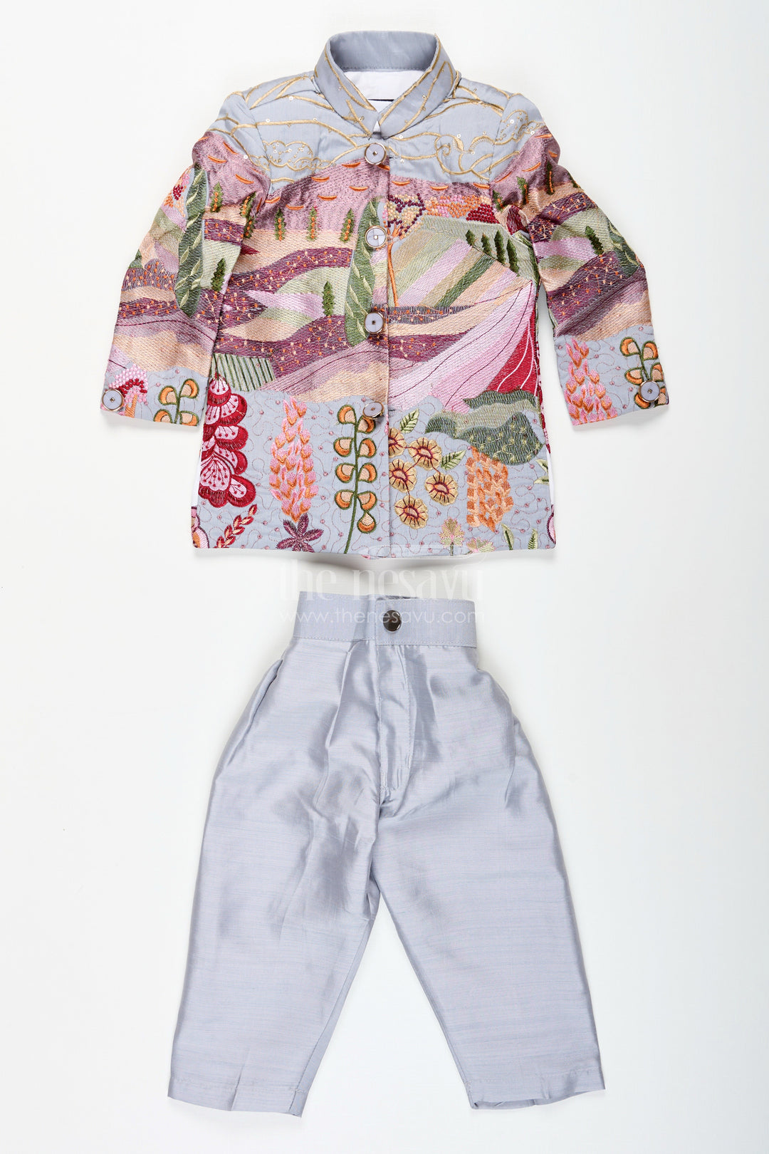 The Nesavu Boys Jacket Sets Silver silk boys jacket set with multicolor thread embroidery Nesavu Nesavu silver blend silk boys jacket set with multicolor embroidery
