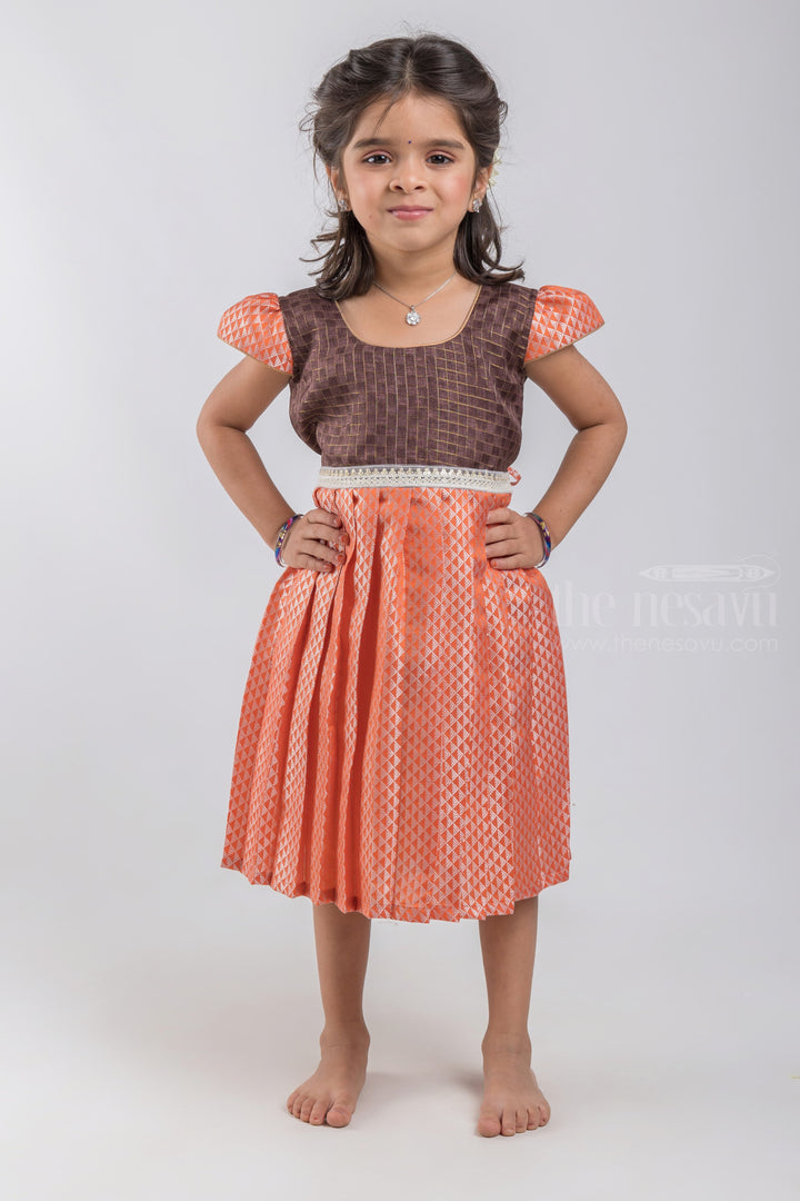 The Nesavu Silk Embroidered Frock Silver Zari Banarasi Silk Frock With Embroidered Waist Bank For Kids Girls psr silks Nesavu 16 (1Y) / Orange / Semi Silk SF616A