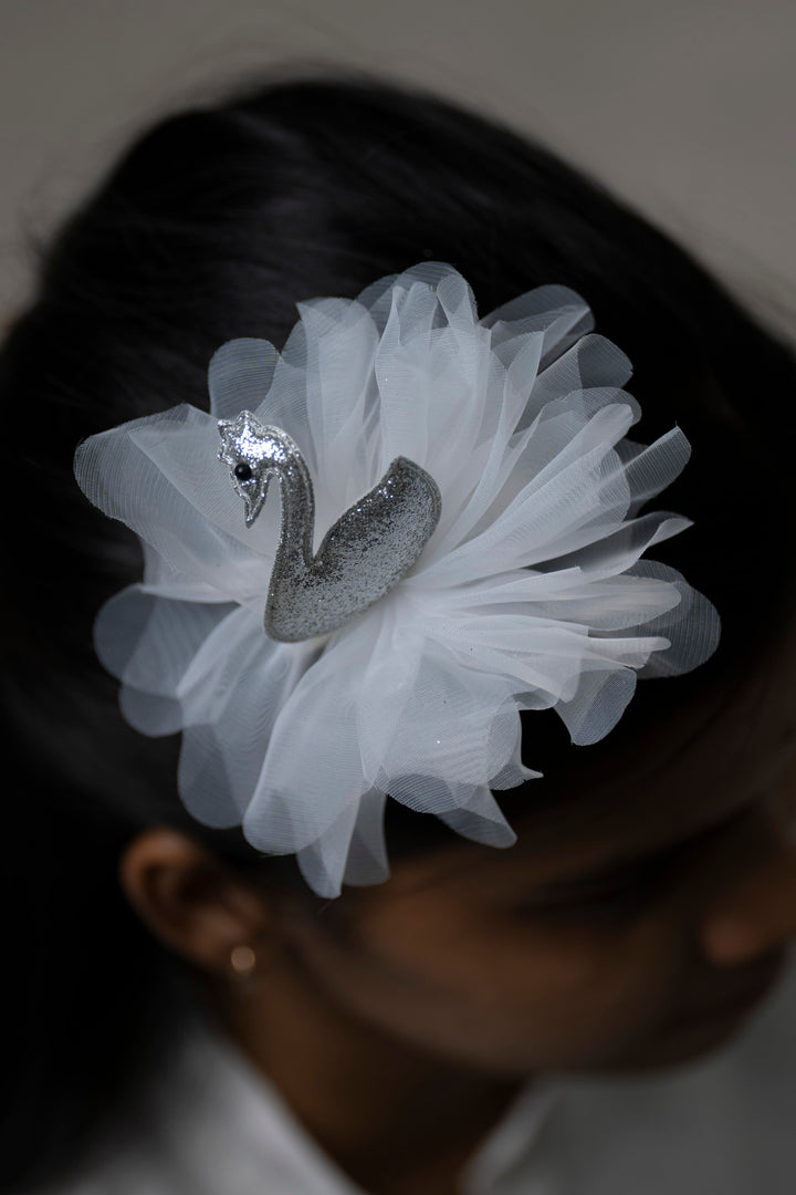 The Nesavu Hair Clip Silvery Swan White Tulle Hair Clip for Girls Nesavu White JHCL67D Sparkling Silvery Swan Hair Clip for Girls | Whimsical Tulle Accessories | The Nesavu