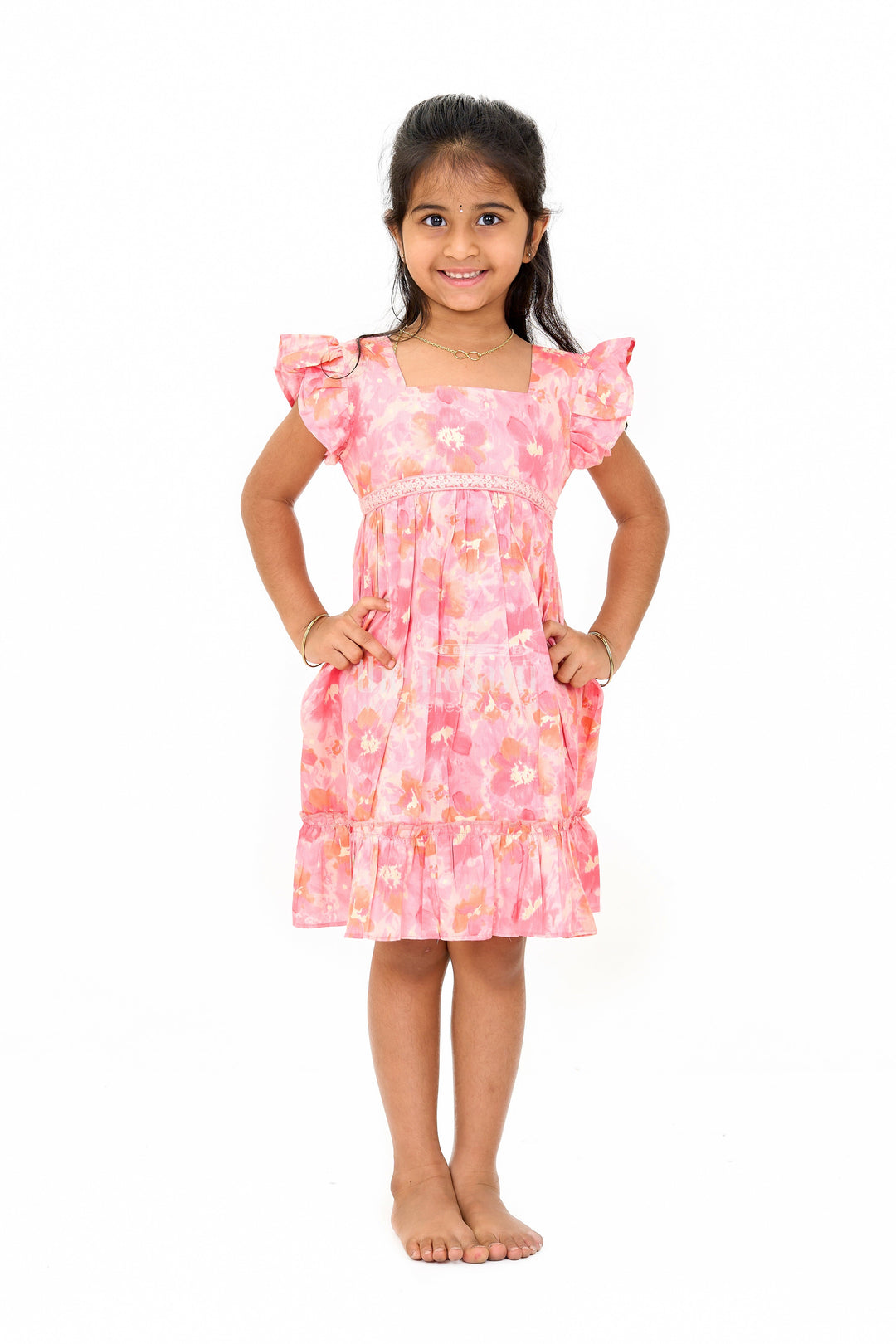 The Nesavu Girls Cotton Frock Simple Cotton Frocks for Babies in Pink with Ruffled Hem and Floral Print Nesavu 16 (1Y) / Pink GFC1579C-16 Nesavu Simple Cotton Frocks Babies Ruffles Floral Prints Pink