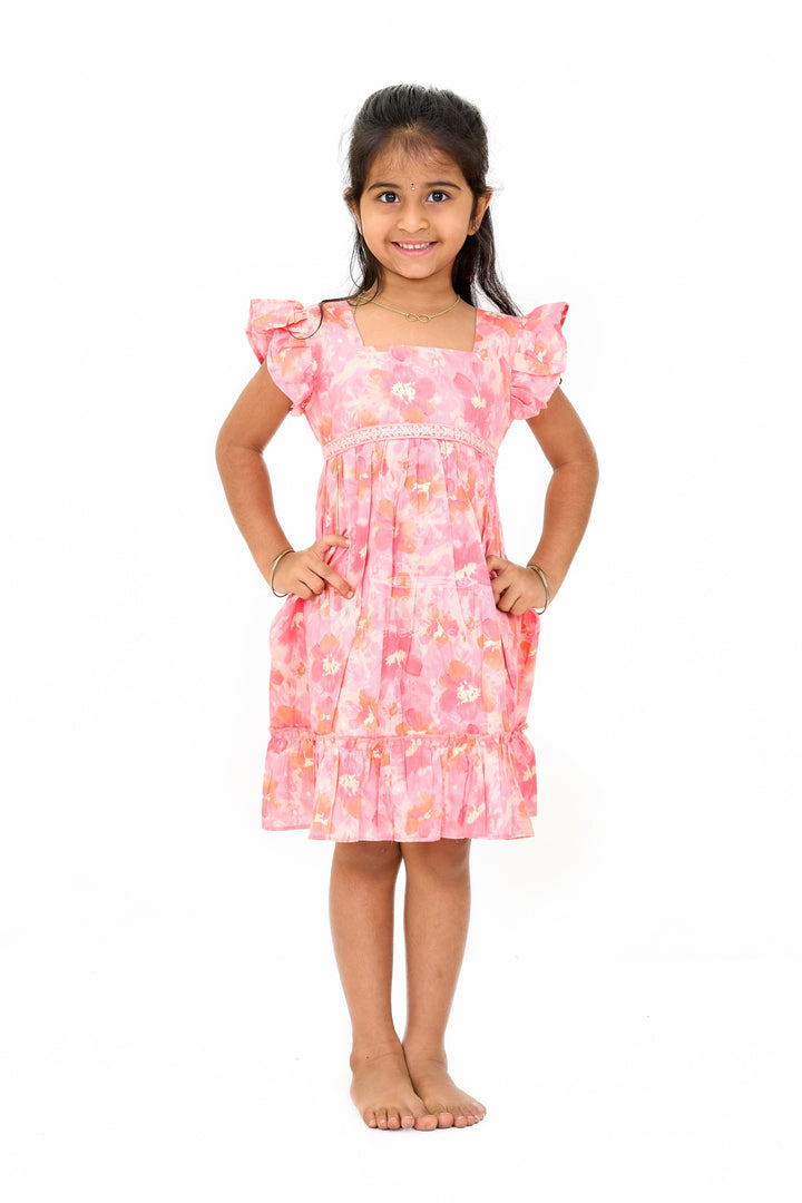 The Nesavu Girls Cotton Frock Simple Cotton Frocks for Babies in Pink with Ruffled Hem and Floral Print Nesavu 16 (1Y) / Pink GFC1579C-16 Nesavu Simple Cotton Frocks Babies Ruffles Floral Prints Pink