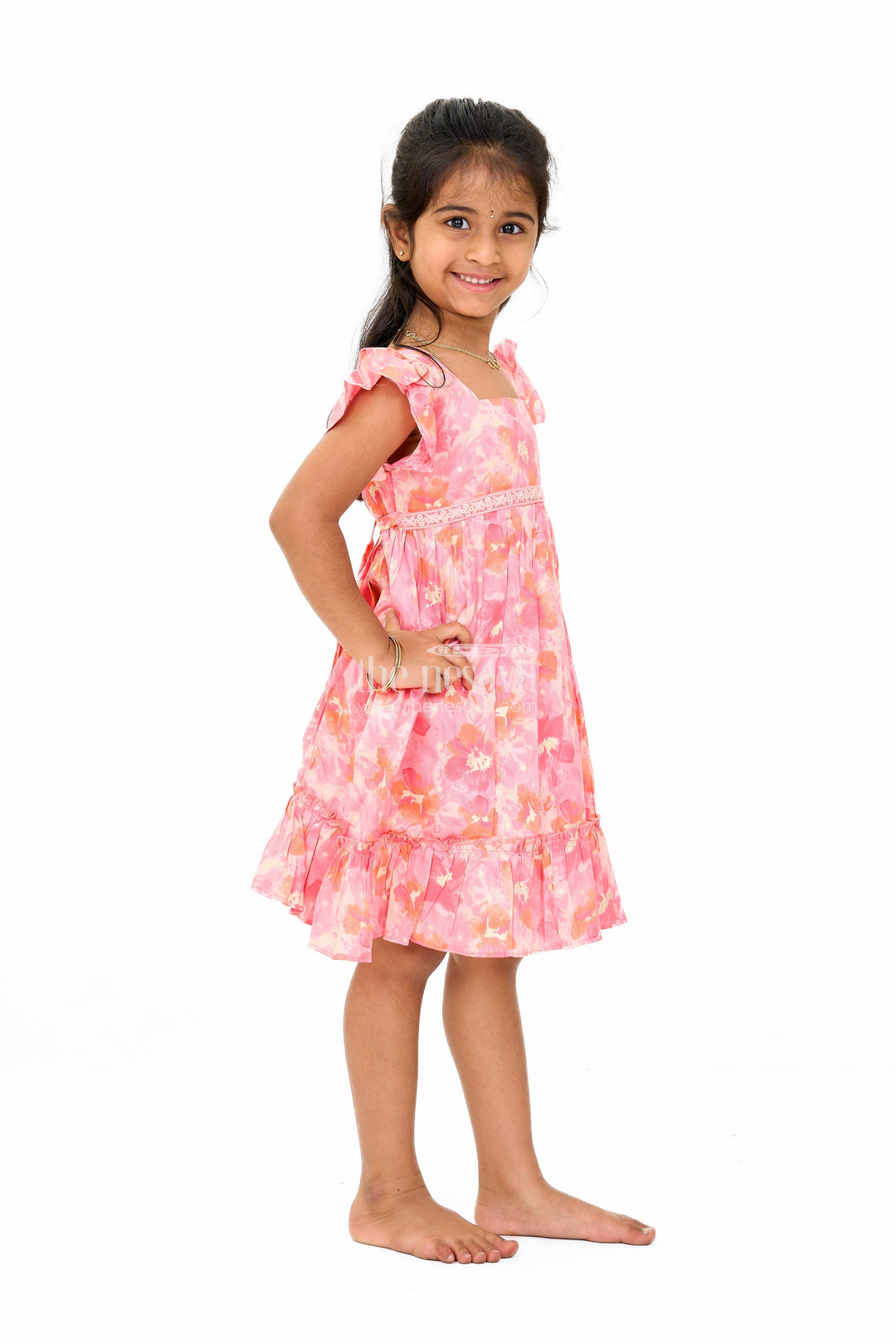 The Nesavu Girls Cotton Frock Simple Cotton Frocks for Babies in Pink with Ruffled Hem and Floral Print Nesavu Nesavu Simple Cotton Frocks Babies Ruffles Floral Prints Pink