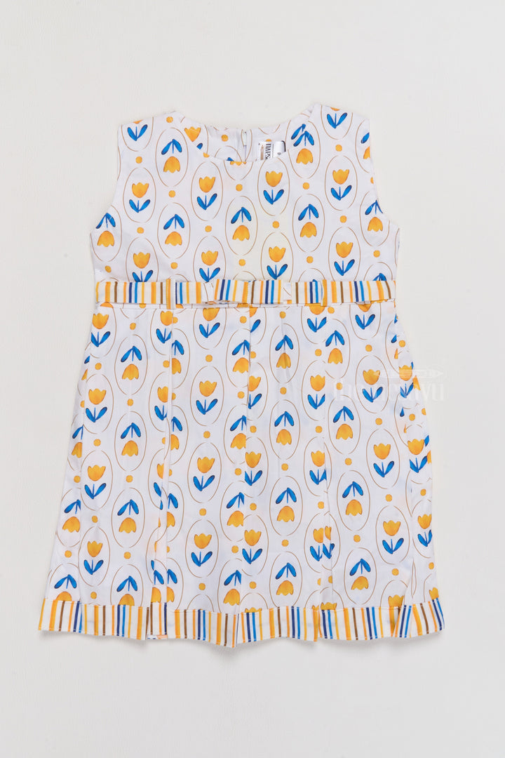 The Nesavu Baby Cotton Frocks Simple Cotton Frocks for Infants with Yellow Tulip Print and Striped Waistband Nesavu 14 (6M) / Yellow BFJ715B-14 Nesavu Simple Cotton Frocks Infants Yellow Tulip Print Breathable Fabric