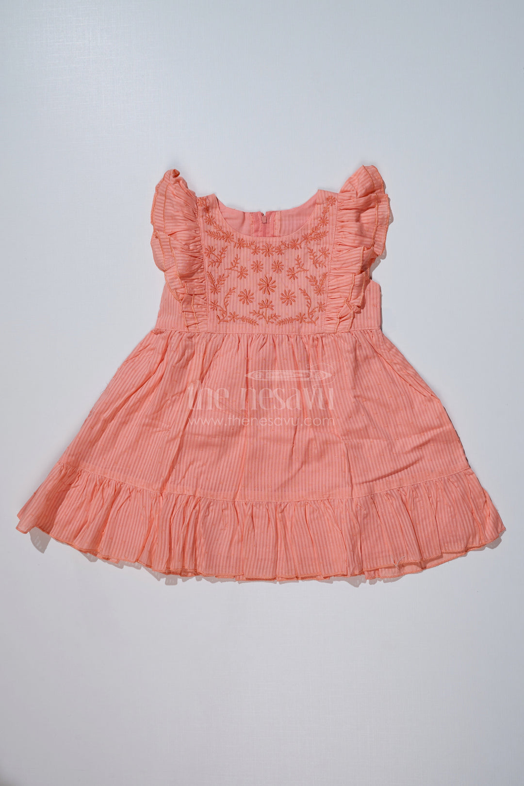The Nesavu Girls Cotton Frock Simple Evening Dress for Girls in Cotton with Yoke Embroidery and Ruffled Hem Nesavu 20 (3Y) / Peach GFC1621A-20 Nesavu Simple Evening Dress Girls Cotton Yoke Embroidery Ruffled Hem