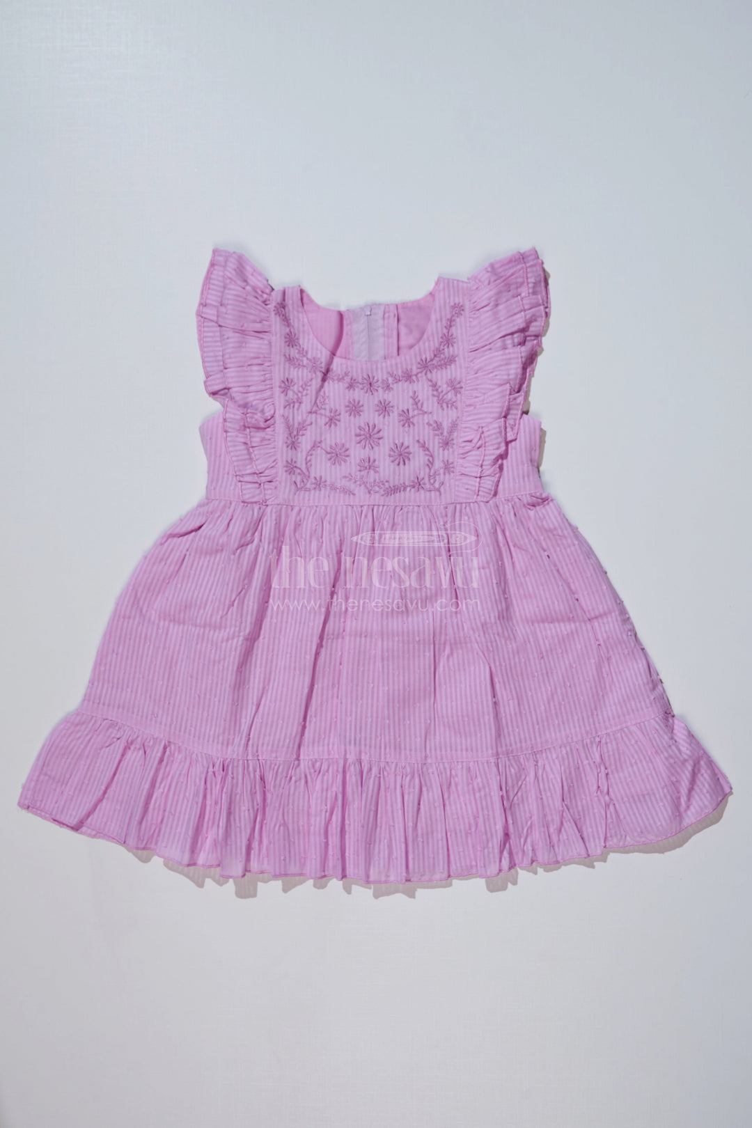 The Nesavu Girls Cotton Frock Simple Short Dress for Girls in Cotton with Yoke Embroidery and Ruffled Hem Nesavu 20 (3Y) / Purple GFC1621B-20 Nesavu Simple Short Dress Girls Cotton Yoke Embroidery Ruffled Hem