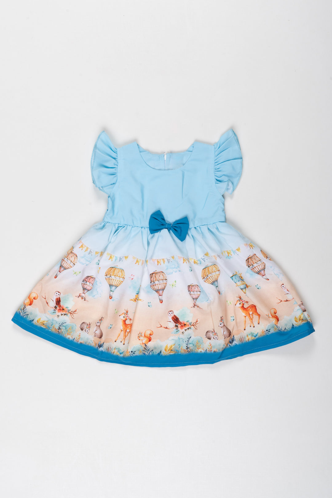 The Nesavu Baby Fancy Frock Sky Adventure Baby Girl Frock with Whimsical Woodland Print Nesavu 14 (6M) / Blue / Poly Crepe BFJ545B-14 Embark on Whimsical Journeys with Our Sky Blue Woodland Baby Frock | The Nesavu