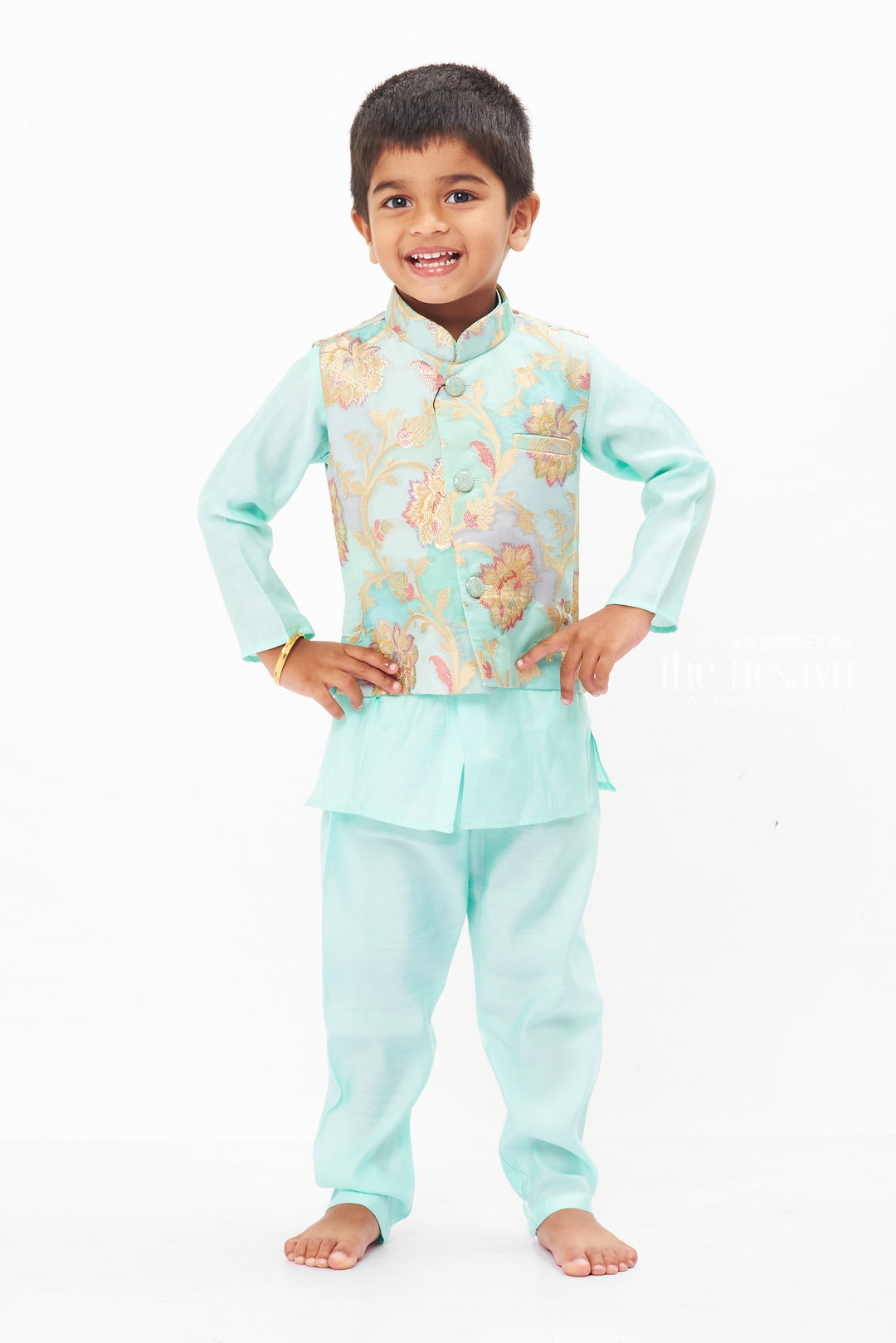 The Nesavu Boys Jacket Sets Sky Blue Elegance: Boys Designer Kurta and Jacket Festive Ensemble Nesavu 14 (6M) / Blue / Blend Silk BES512B-14 Trendy Sky Blue Kurta Set for Boys | Designer Jacket & Pant Ethnic Wear | The Nesavu