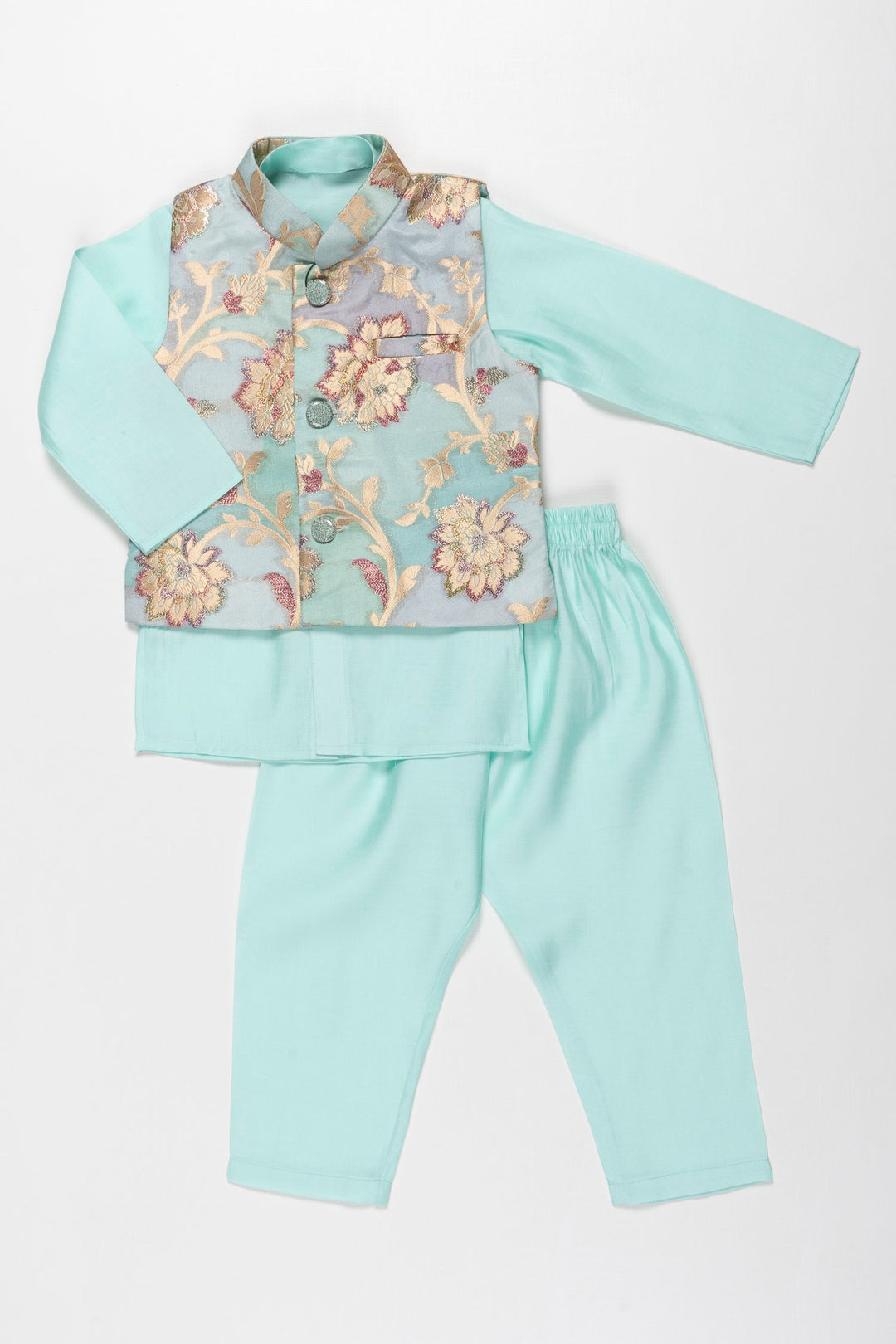 The Nesavu Boys Jacket Sets Sky Blue Elegance: Boys Designer Kurta and Jacket Festive Ensemble Nesavu Trendy Sky Blue Kurta Set for Boys | Designer Jacket & Pant Ethnic Wear | The Nesavu