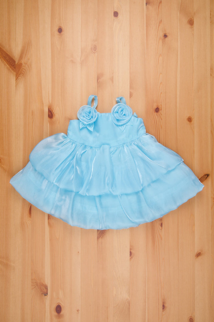 The Nesavu Girls Fancy Party Frock Sky Blue Fantasy Newborn Dress with Rose Accents - Dual-Layer Shimmer & Strap Shoulders - Ideal Party Frock Nesavu 14 (6M) / Blue / Organza Tissue PF131C-14 Birthday Frock Baby 1 Year| Party Frock And Gown  | The Nesavu