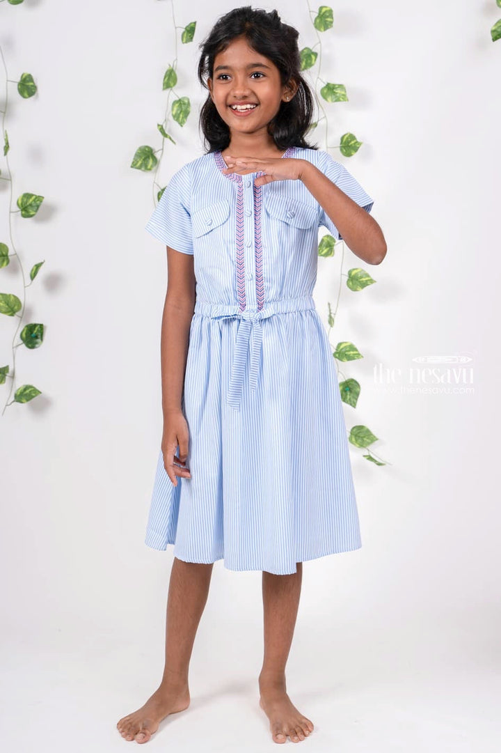 The Nesavu Girls Cotton Frock Sky Blue Striped Designer Soft Cotton Casual For Summer Nesavu Cotton Frock For Girls On Sale | Latest Designer Neck Ideas | The Nesavu