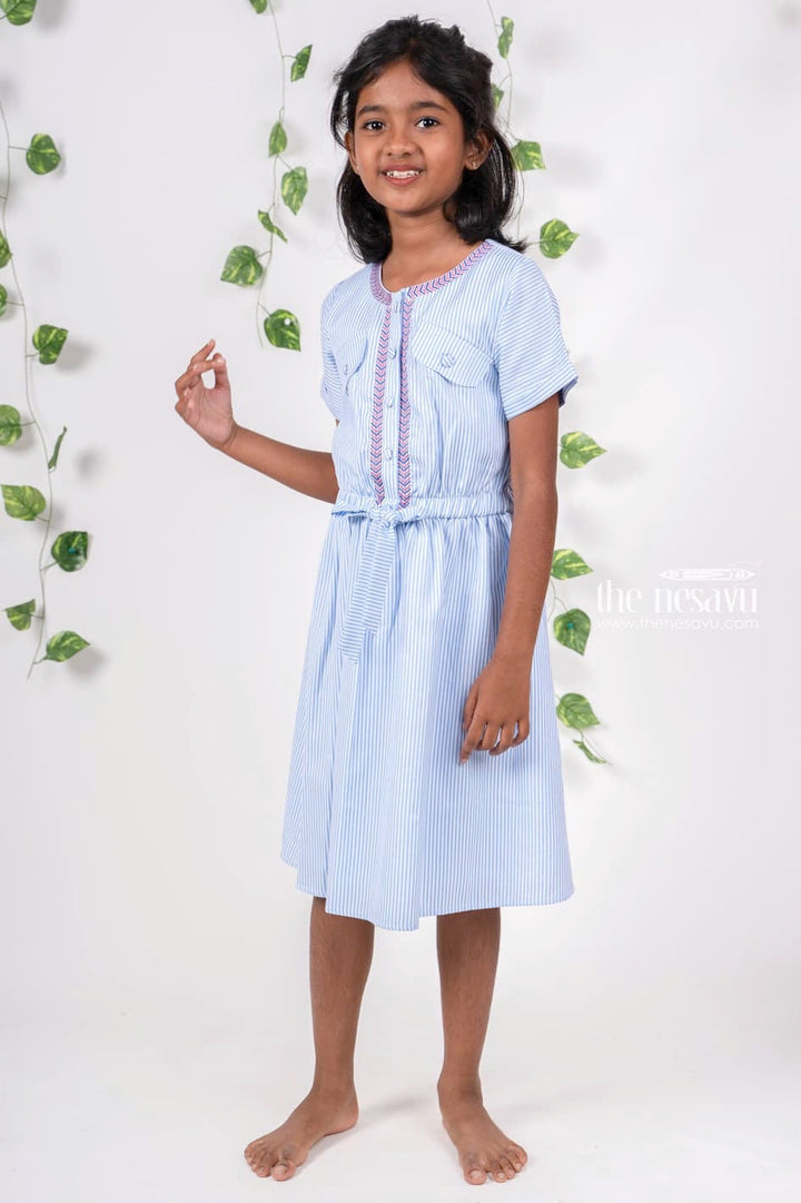 The Nesavu Girls Cotton Frock Sky Blue Striped Designer Soft Cotton Casual For Summer Nesavu Cotton Frock For Girls On Sale | Latest Designer Neck Ideas | The Nesavu