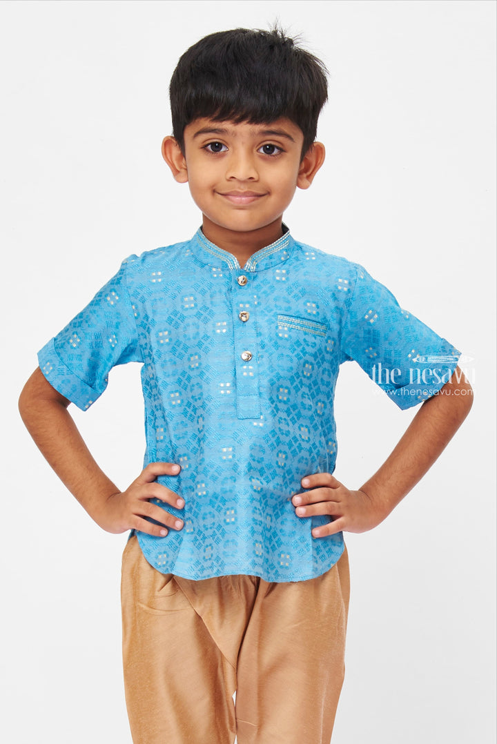 The Nesavu Boys Kurtha Shirt Sky Blue Traditional Boys Kurta Shirt with Ethnic Motifs Nesavu 16 (1Y) / Blue / Silk Blend BS121C-16 Boys' Sky Blue Kurta Shirt | Traditional Ethnic Wear for Kids | The Nesavu