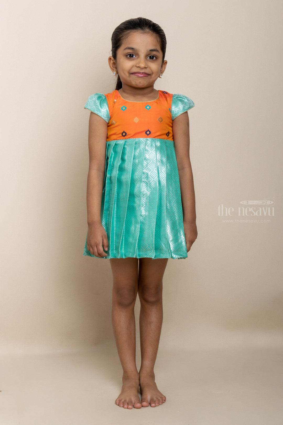 The Nesavu Silk Frock Sky Blue With Orange Silk Cotton Frock For New Born Baby Girls Nesavu 12 (3M) / Turquoise SF372-12 Sky Blue Pattu Frock Dresses | Silk Designer Party Wear | The Nesavu