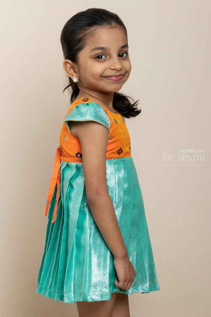 The Nesavu Silk Frock Sky Blue With Orange Silk Cotton Frock For New Born Baby Girls Nesavu Sky Blue Pattu Frock Dresses | Silk Designer Party Wear | The Nesavu