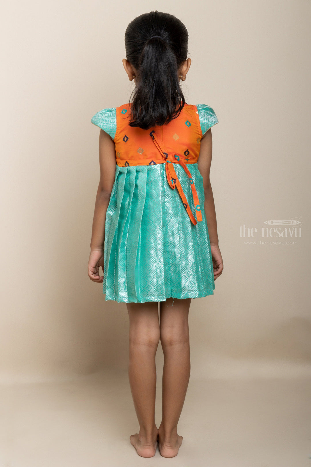 The Nesavu Silk Frock Sky Blue With Orange Silk Cotton Frock For New Born Baby Girls Nesavu Sky Blue Pattu Frock Dresses | Silk Designer Party Wear | The Nesavu