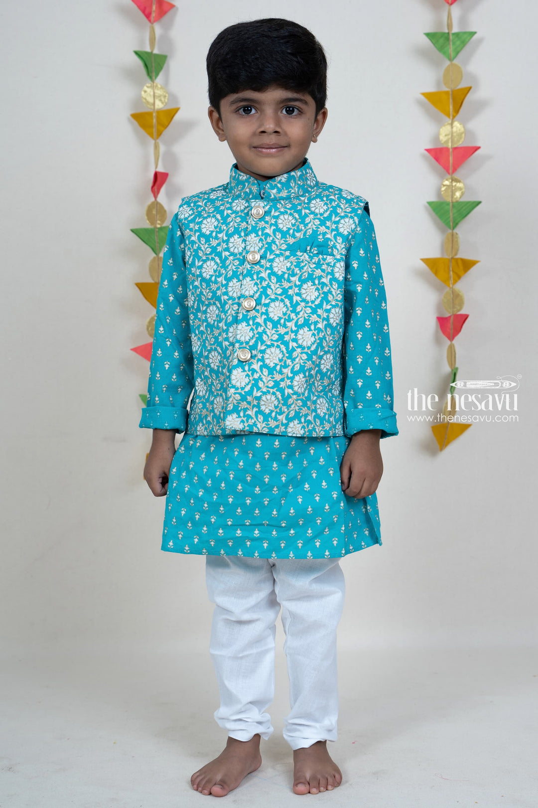 The Nesavu Boys Jacket Sets Skyblue Overcoat Attached Festive Wear Kurta For Baby Boys Nesavu 16 (1Y) / Blue / Cotton BES215B-16 Kurta Suit For Baby Boys Online | Designer Festive Wear Collection 2022 | The Nesavu