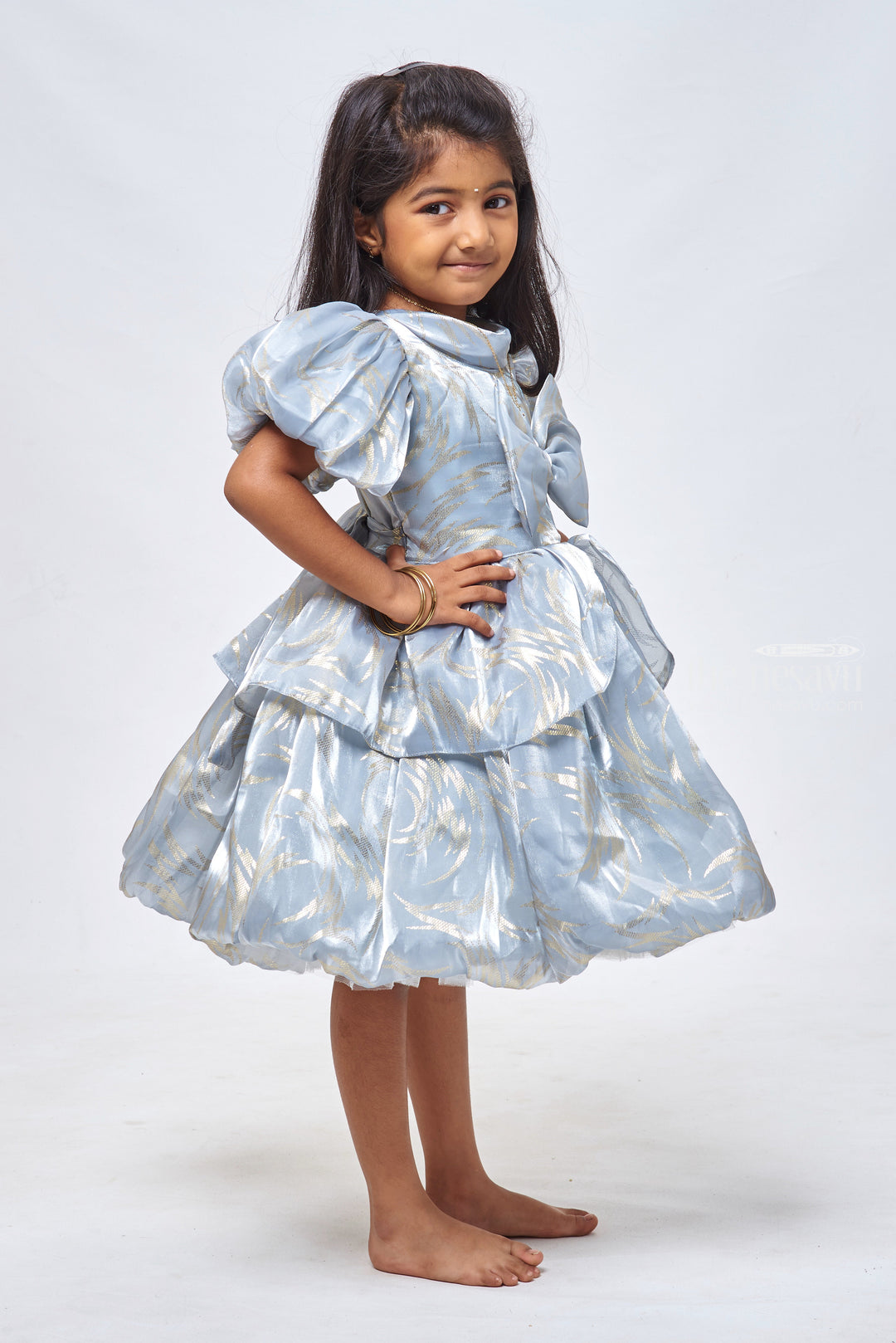 The Nesavu Girls Fancy Party Frock Slate Sophistication: Foil Printed Organza Party Dress with Bow Embellishment for Girls Nesavu Enchanting First Birthday Dresses: Shop Designer Baby Girl Frocks | The Nesavu