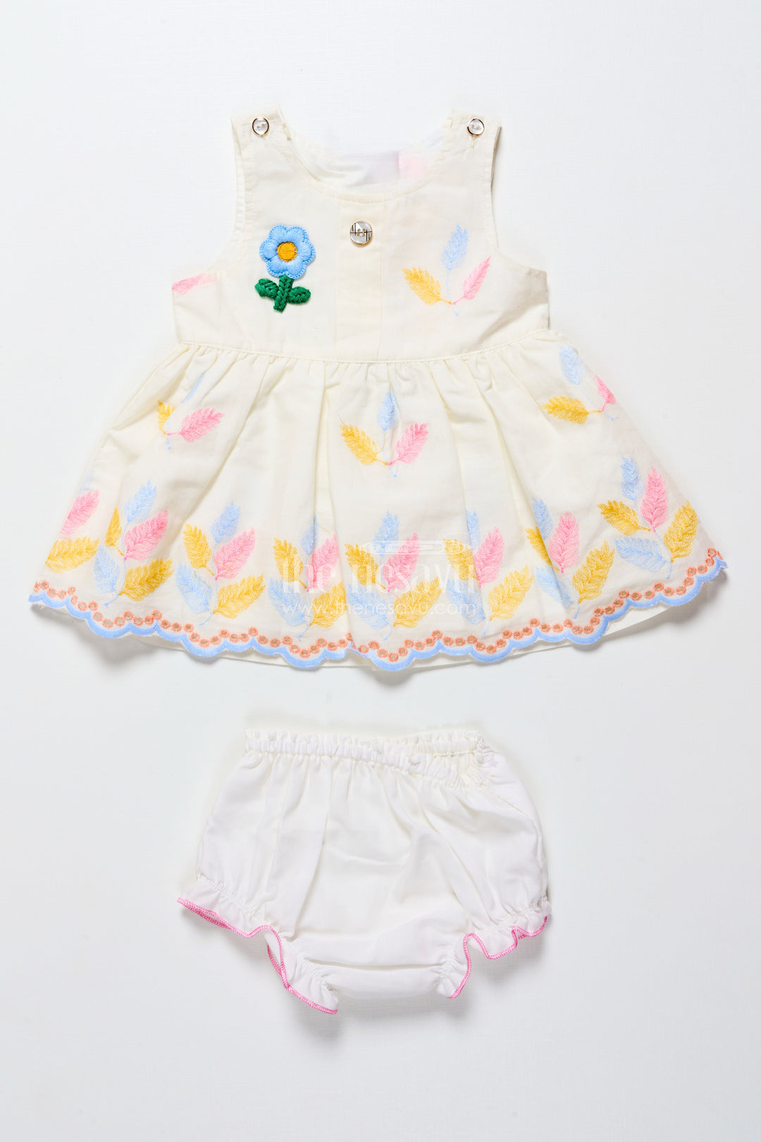 The Nesavu Baby Frocks Sleeveless Baby Frock with Floral Embroidery and Pastel Feather Design Nesavu 14 (6M) / White BFJ850A-14 Nesavu cream embroidered sleeveless baby frock with pastel leaf design