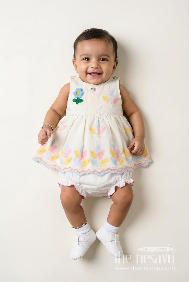 The Nesavu Baby Frocks Sleeveless Baby Frock with Floral Embroidery and Pastel Feather Design Nesavu 14 (6M) / White BFJ850A-14 Nesavu cream embroidered sleeveless baby frock with pastel leaf design
