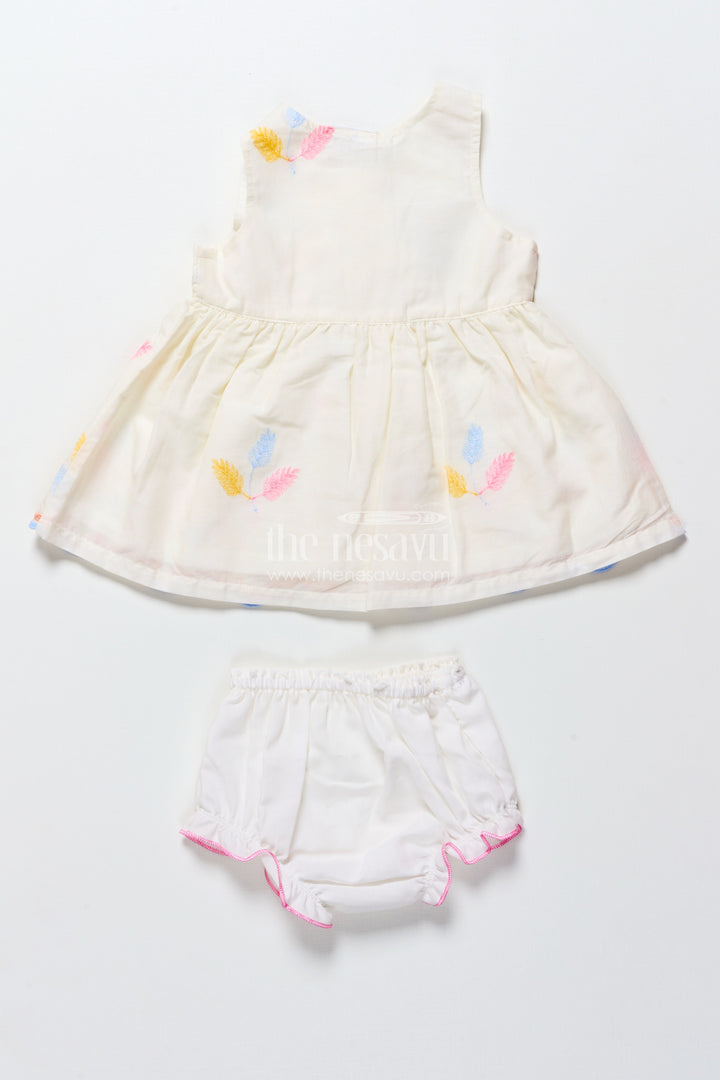 The Nesavu Baby Frocks Sleeveless Baby Frock with Floral Embroidery and Pastel Feather Design Nesavu Nesavu cream embroidered sleeveless baby frock with pastel leaf design
