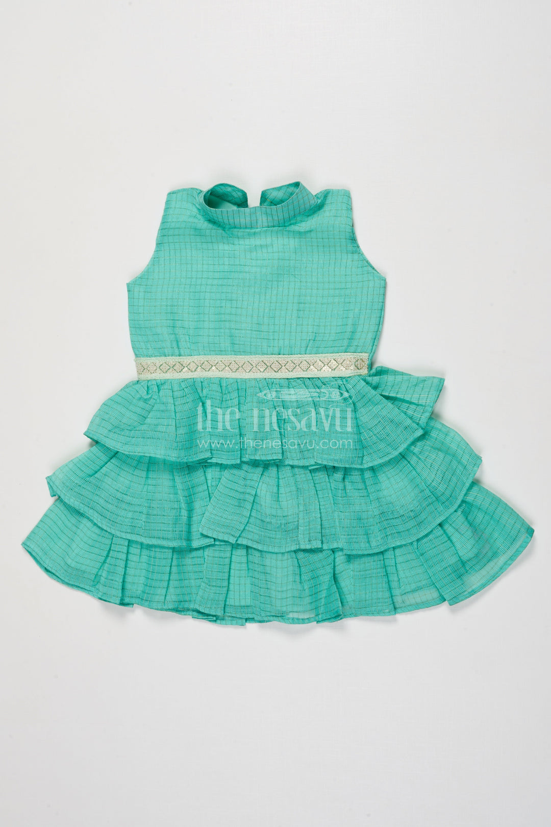 The Nesavu Girls Cotton Frock Sleeveless Baby Girl Frock with Ruffle Layers for Birthdays and Twirling Fun Nesavu 18 (2Y) / Green GFC2019A-18 Nesavu sleeveless cotton frock for baby girls with layered ruffles and festive waistband