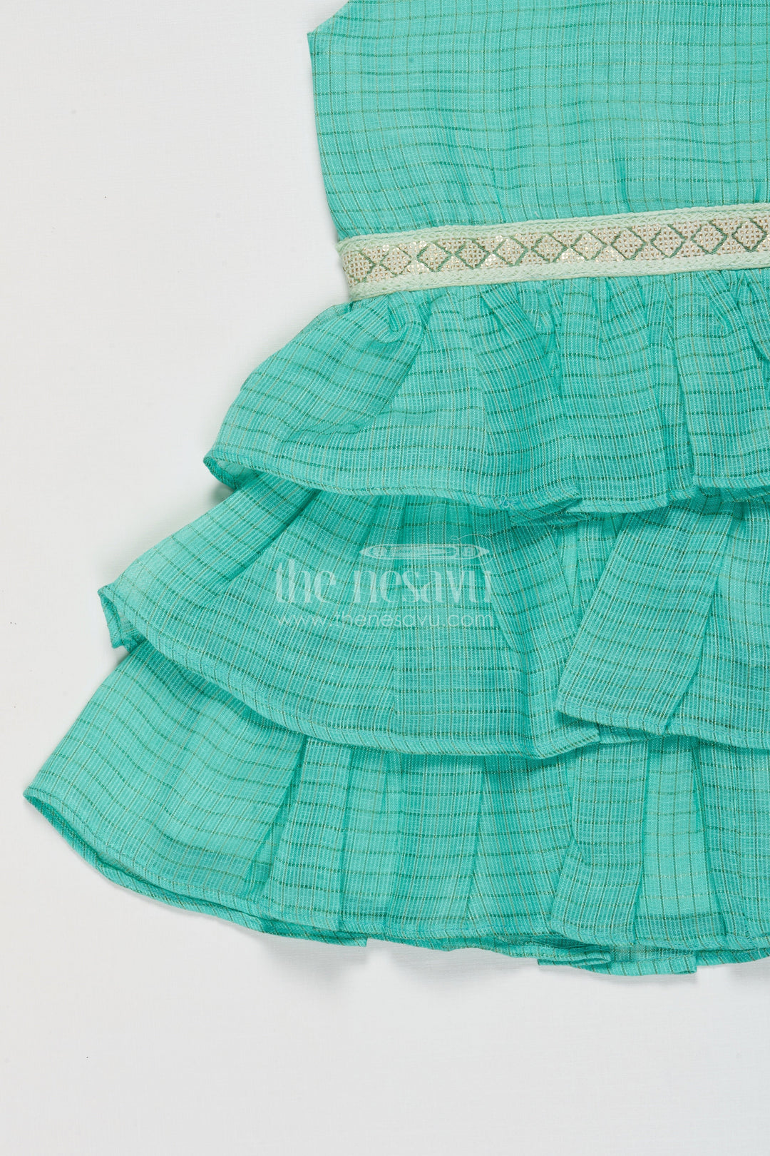 The Nesavu Girls Cotton Frock Sleeveless Baby Girl Frock with Ruffle Layers for Birthdays and Twirling Fun Nesavu Nesavu sleeveless cotton frock for baby girls with layered ruffles and festive waistband