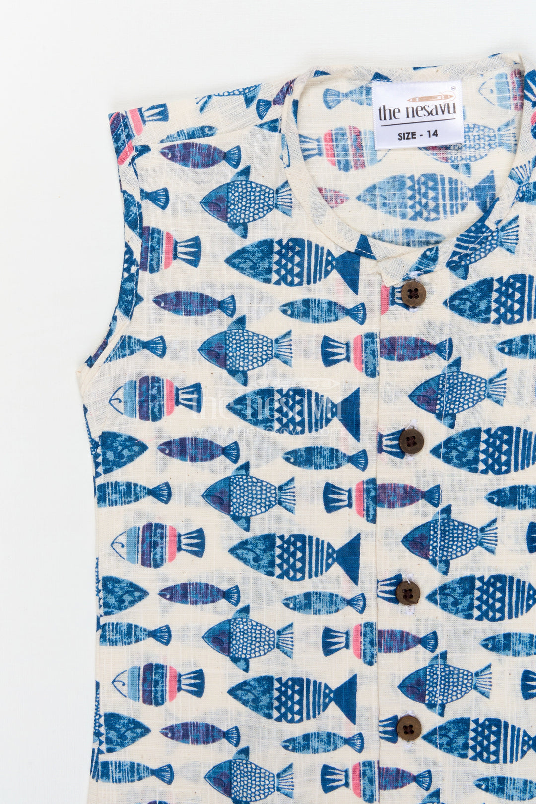 The Nesavu Baby Jablas Sleeveless Baby Jabla with Fish Print for Summer Comfort Nesavu 10 (NB) / Blue / Cotton IF049D-10 Nesavu sleeveless cotton jabla for babies with fun fish print and wooden button closure