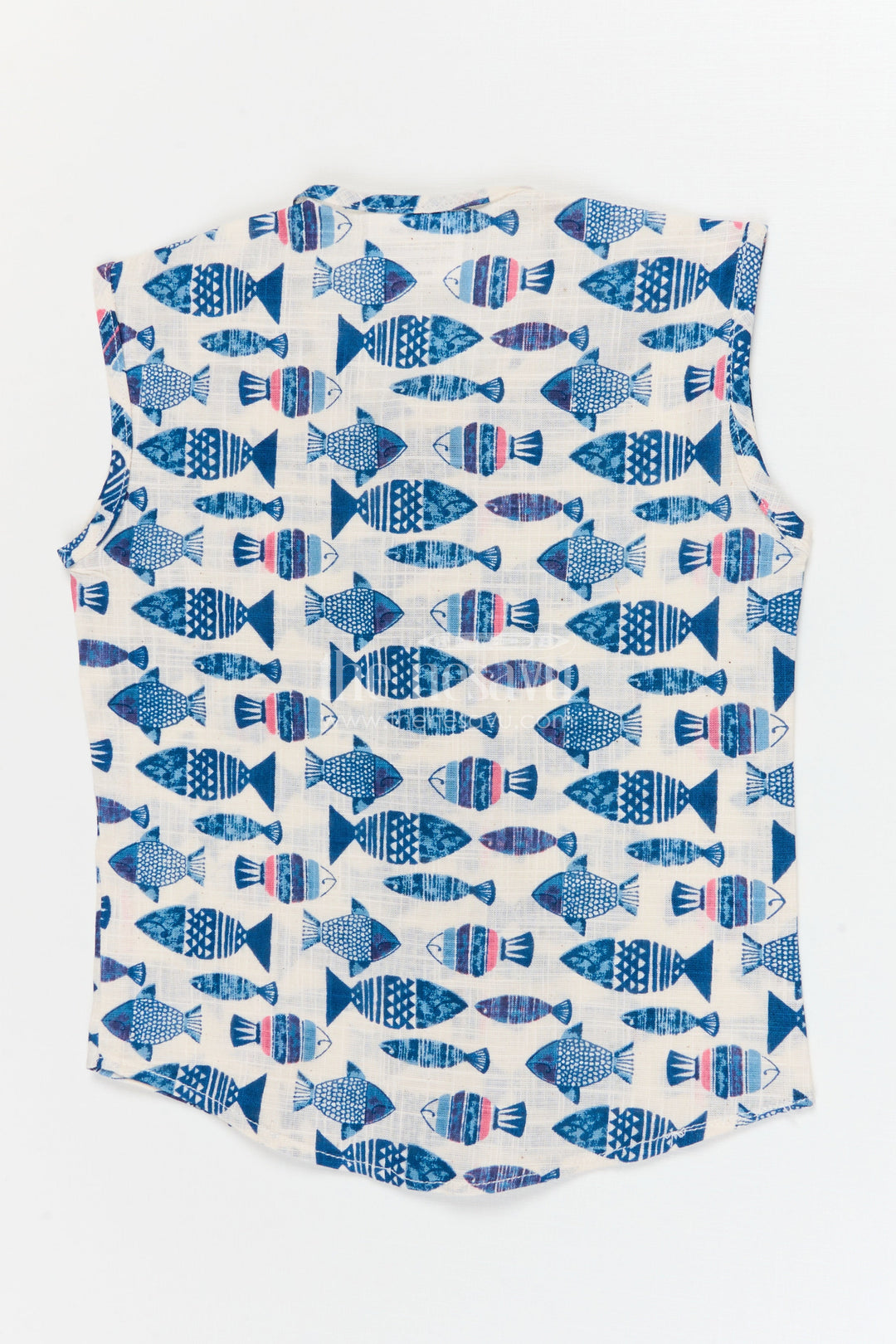 The Nesavu Baby Jablas Sleeveless Baby Jabla with Fish Print for Summer Comfort Nesavu 10 (NB) / Blue / Cotton IF049D-10 Nesavu sleeveless cotton jabla for babies with fun fish print and wooden button closure