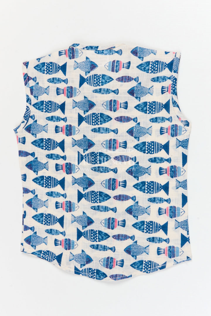 The Nesavu Baby Jablas Sleeveless Baby Jabla with Fish Print for Summer Comfort Nesavu 10 (NB) / Blue / Cotton IF049D-10 Nesavu sleeveless cotton jabla for babies with fun fish print and wooden button closure