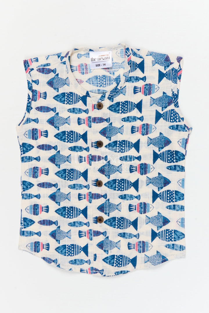 The Nesavu Baby Jablas Sleeveless Baby Jabla with Fish Print for Summer Comfort Nesavu 10 (NB) / Blue / Cotton IF049D-10 Nesavu sleeveless cotton jabla for babies with fun fish print and wooden button closure