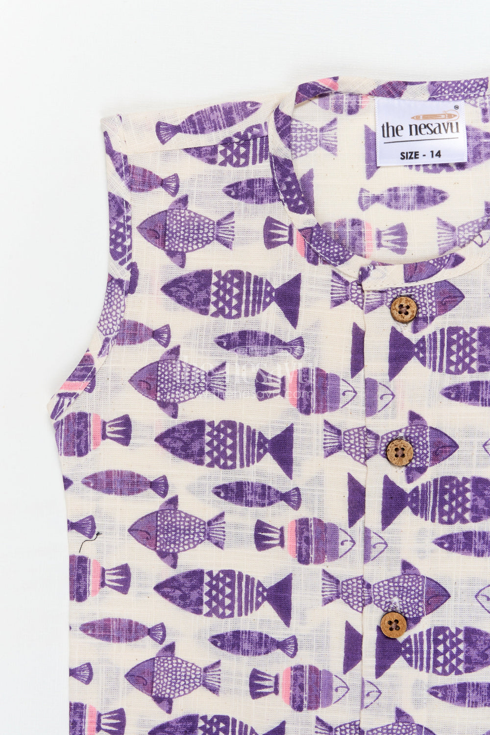 The Nesavu Baby Jablas Sleeveless Cotton Baby Jabla with Fish Print for Daily Wear Nesavu 10 (NB) / Purple / Cotton IF049B-10 Nesavu cotton baby jabla with fish print and front buttons – sleeveless everyday wear for infants