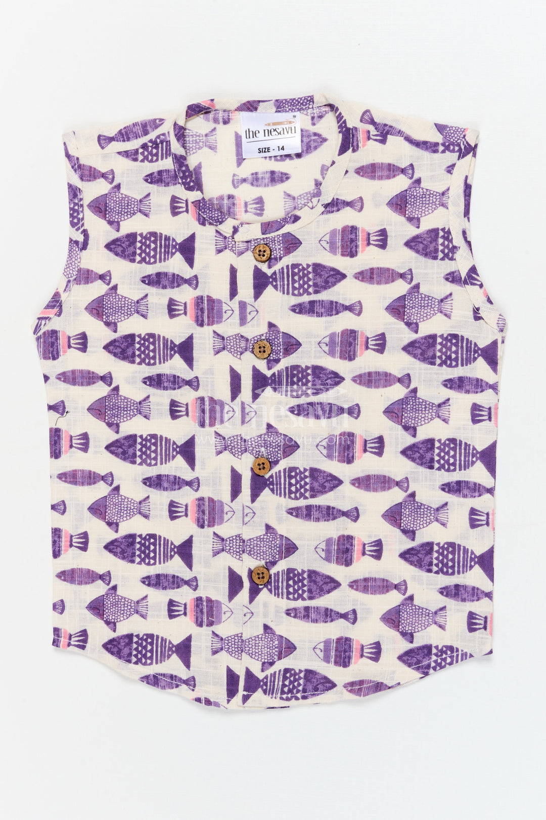 The Nesavu Baby Jablas Sleeveless Cotton Baby Jabla with Fish Print for Daily Wear Nesavu 10 (NB) / Purple / Cotton IF049B-10 Nesavu cotton baby jabla with fish print and front buttons – sleeveless everyday wear for infants
