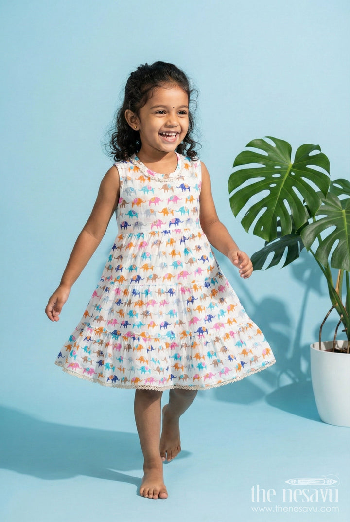 The Nesavu Girls Cotton Frock Sleeveless Cotton Frock for Girls with Multicolor Elephant Print Nesavu 16 (1Y) / Multicolor GFC2049A-16 Nesavu girls sleeveless cotton frock with multicolor elephant print – perfect for zoo trips and play