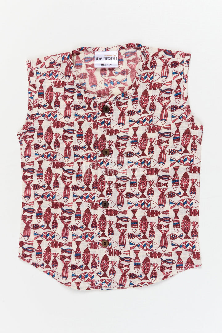 The Nesavu Baby Jablas Sleeveless Cotton Jabla for Babies with Button Front and Artistic Print Nesavu 10 (NB) / Maroon / Cotton IF050B-10 Nesavu sleeveless baby jabla with wooden buttons and textured digital print – everyday cotton essential