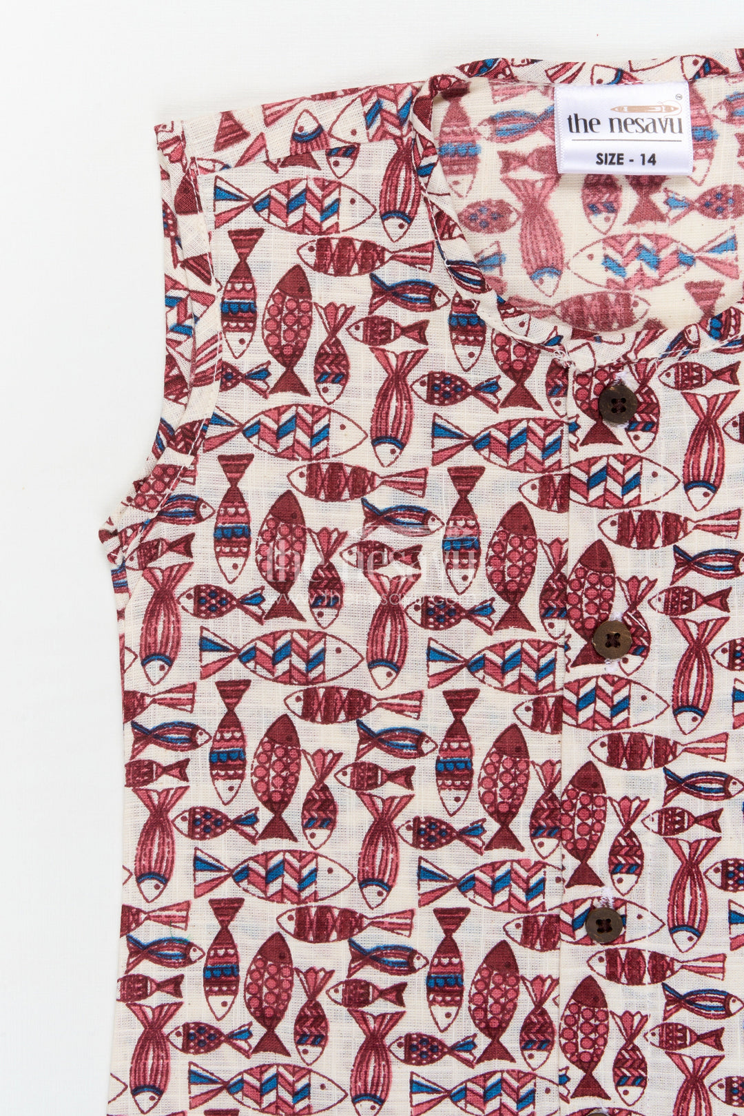 The Nesavu Baby Jablas Sleeveless Cotton Jabla for Babies with Button Front and Artistic Print Nesavu 10 (NB) / Maroon / Cotton IF050B-10 Nesavu sleeveless baby jabla with wooden buttons and textured digital print – everyday cotton essential