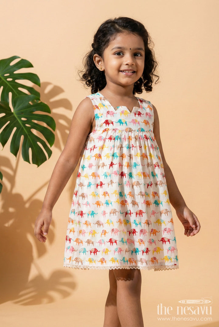 The Nesavu Girls Cotton Frock Sleeveless Elephant Print Cotton Frock for Girls – Comfy and Colorful Nesavu 16 (1Y) / Multicolor GFC2056A-16 Nesavu multicolor elephant print sleeveless cotton frock for girls – playful and breezy outfit