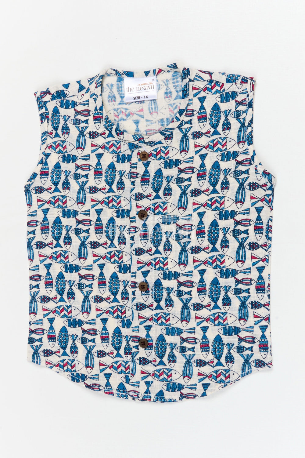 The Nesavu Baby Jablas Sleeveless Fish Print Jabla for Infants in Breathable Cotton Nesavu 10 (NB) / Blue / Cotton IF050D-10 Nesavu cotton sleeveless jabla for babies with fish print and easy button closure